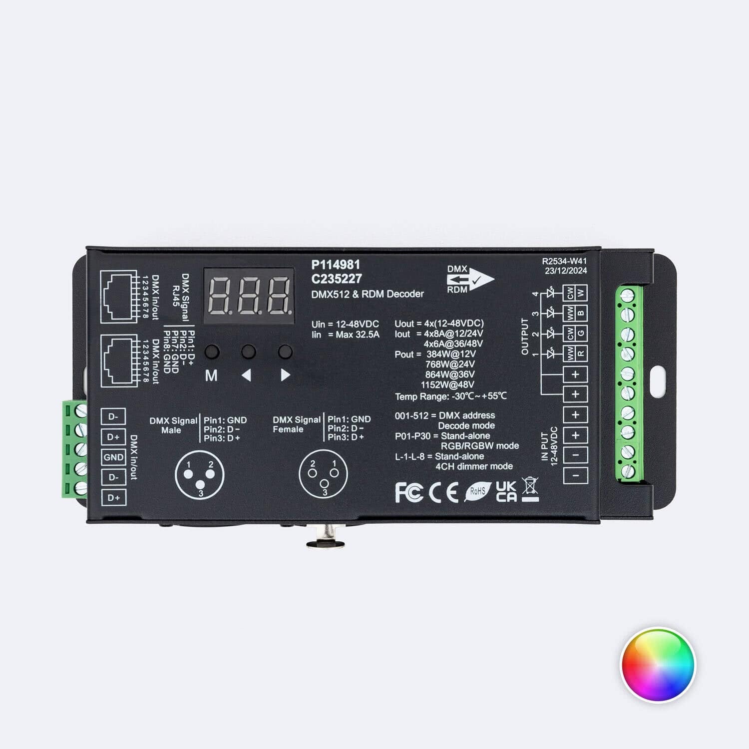 Décodeur DMX512 et RDM 4 Canaux 12-48V SKYDANCE D4-XE avec Port XLR5