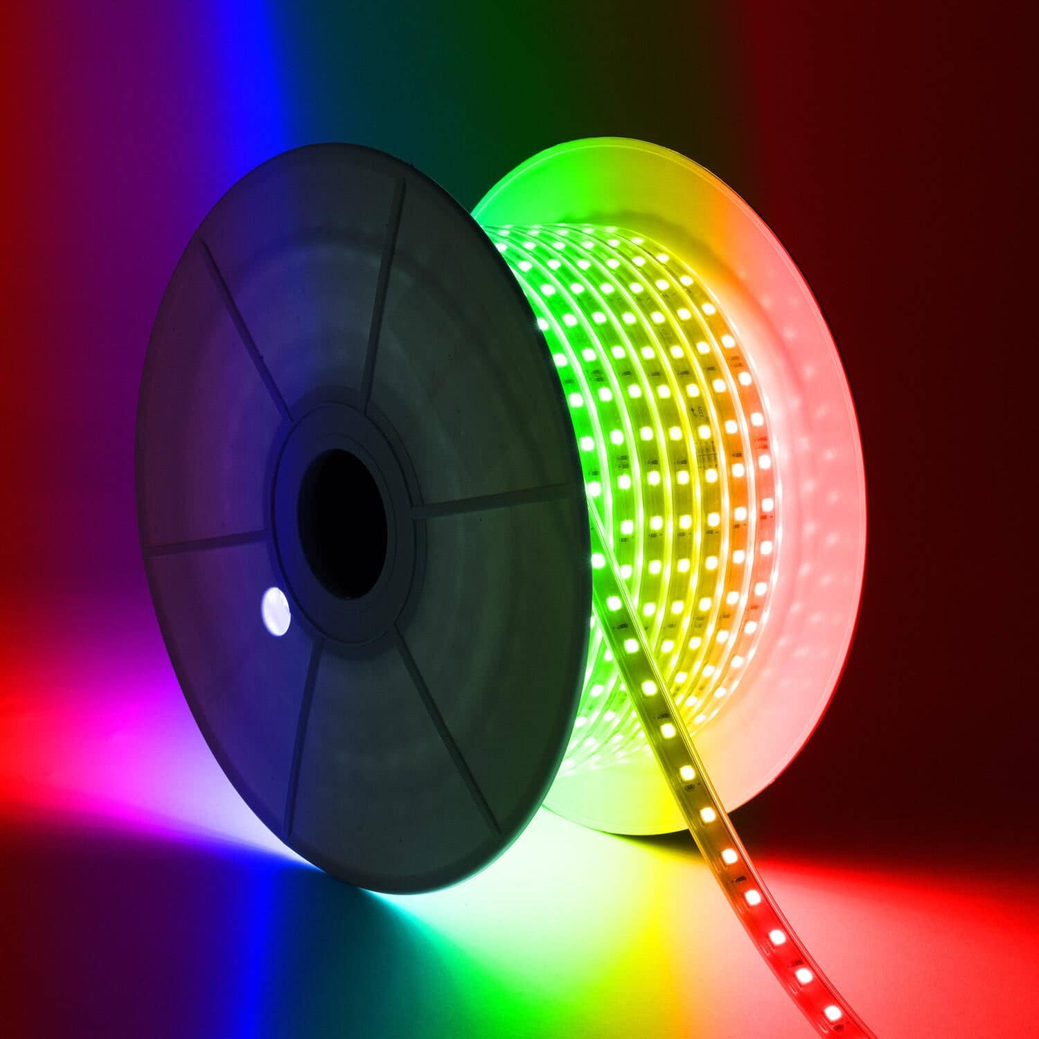 Ruban LED RGB 220V SMD 60 LED/m BOBINE 50m 9,5W/m Largeur 14,5mm Coupe 100cm IP65 avec Télécommande IR